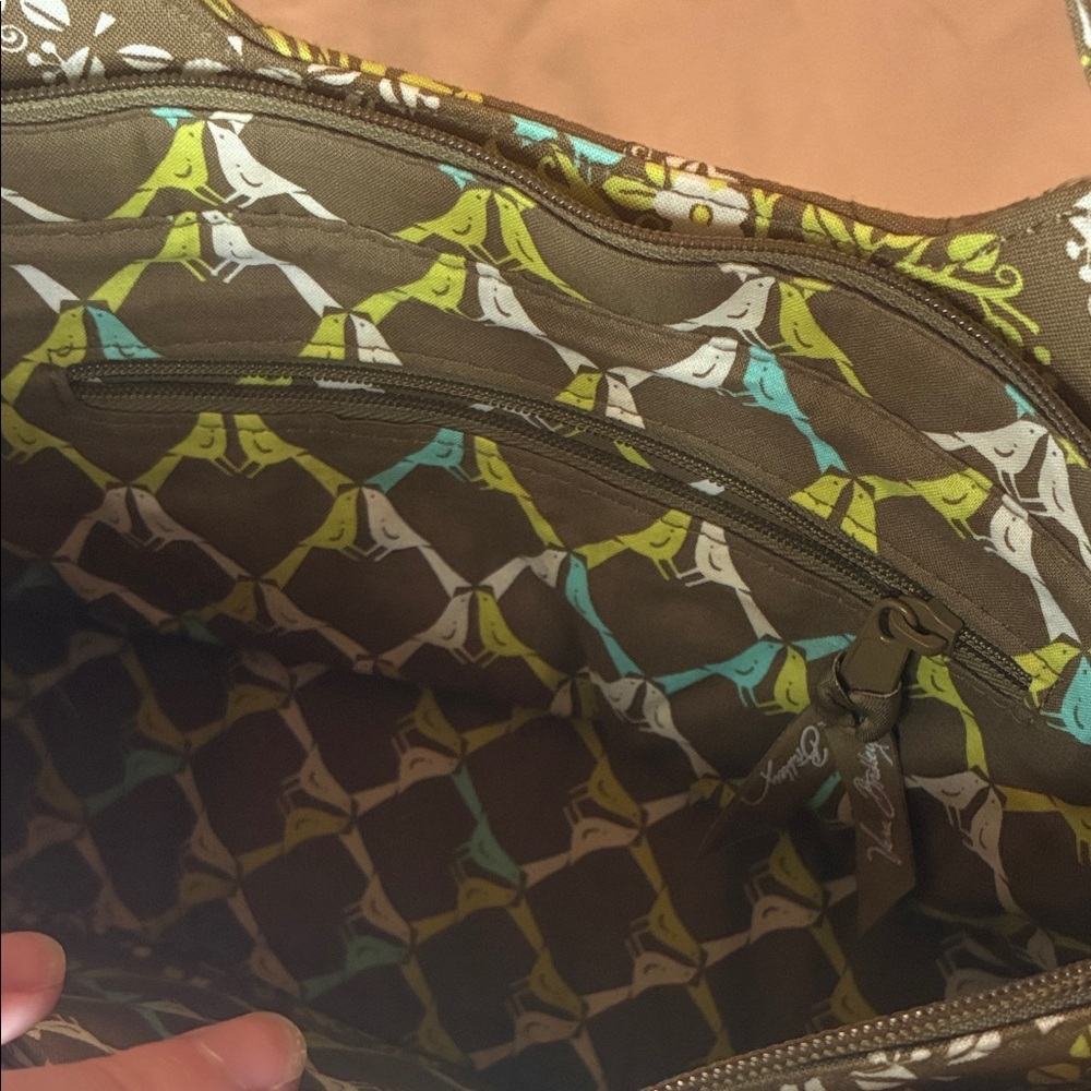 Vera Bradley Short Handle Bag Brown and Olive Green Zip Close EUC - Picture 12 of 15